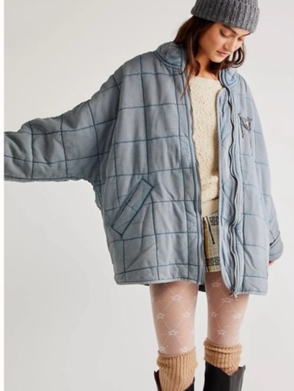 Free People Oversized Quilted Puffer Jacket in Dusty Blue